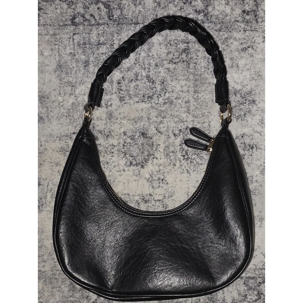 Antik Kraft Black Vegan Leather Crescent Hobo Bag Braided‎ Strap Gold Hardware